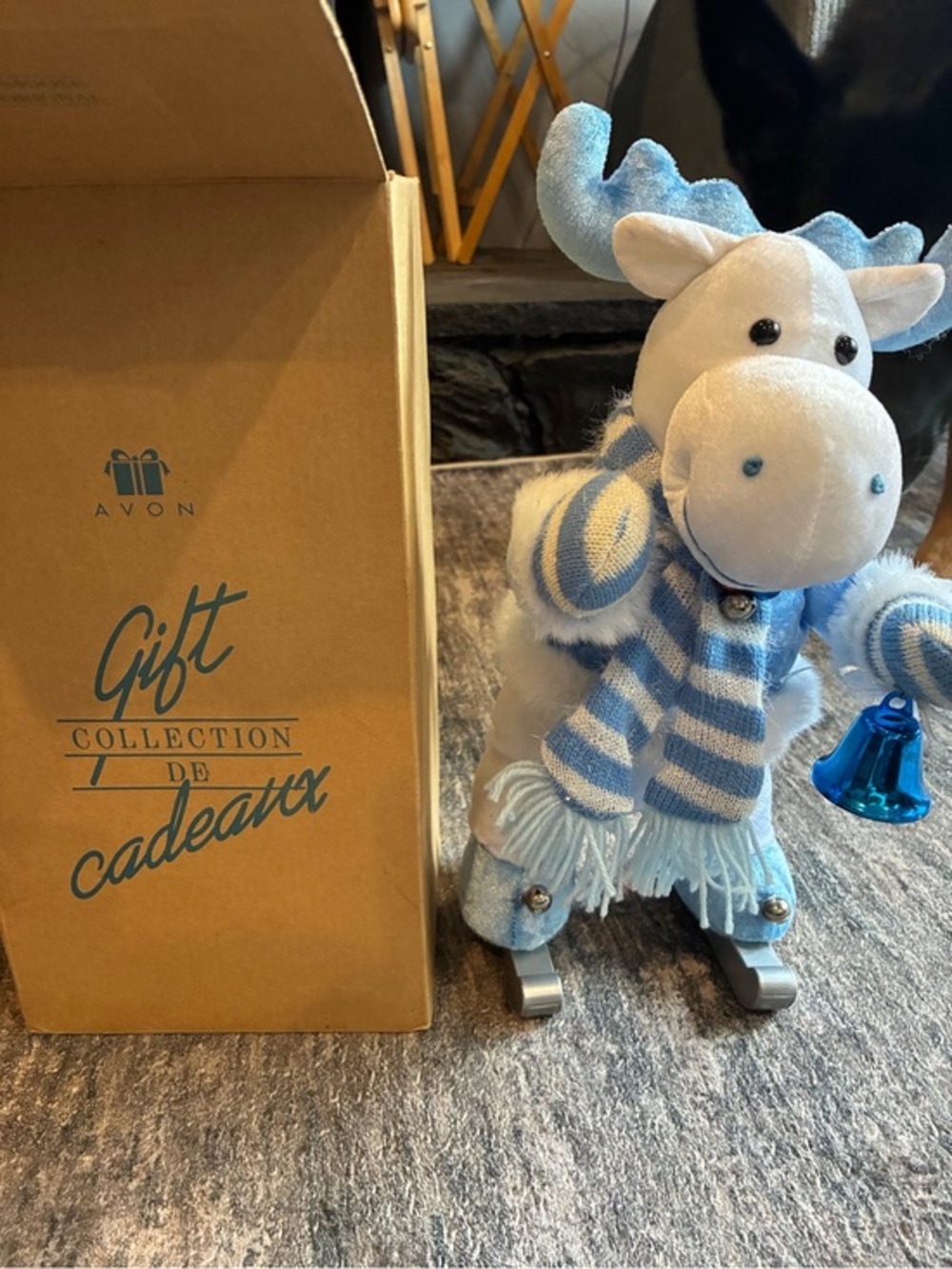 Avon Light Blue & White Plush Moose Holiday Figurine